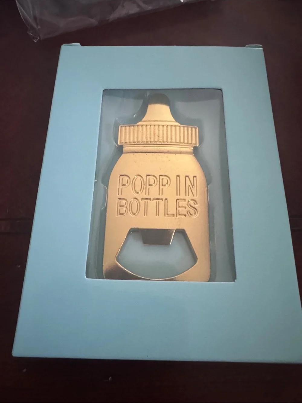 Amazon Aqua Favor Boxes with White Ribbon and Gold Baby Bottle Opener